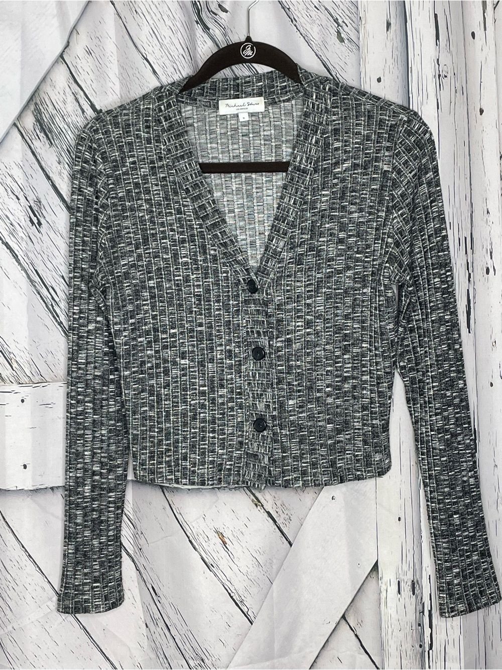 MICHAEL STARS Ellis cropped v-neck cardigan top in marled black & white Small